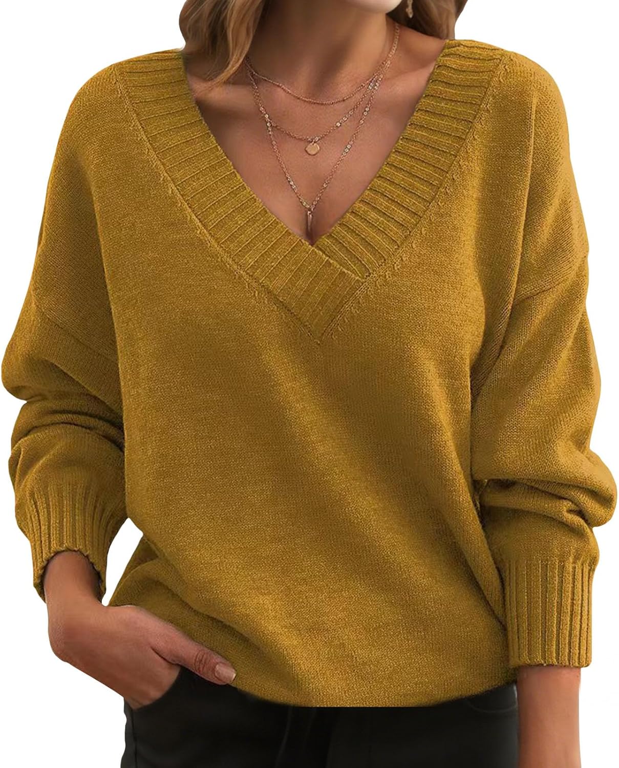 Zhyaj V Neck Sweater - Solid Color Oversized Chunky Knit Pullover for Women | Autumn Long Sleeve