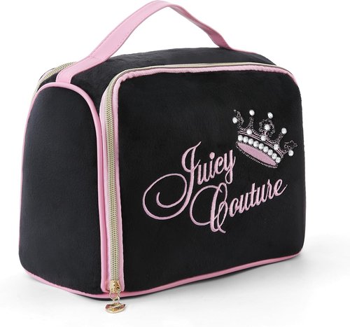 Juicy Couture Black Makeup Bag - Vintage Velour Organizer with Rhinestone Crown for Travel Essentials