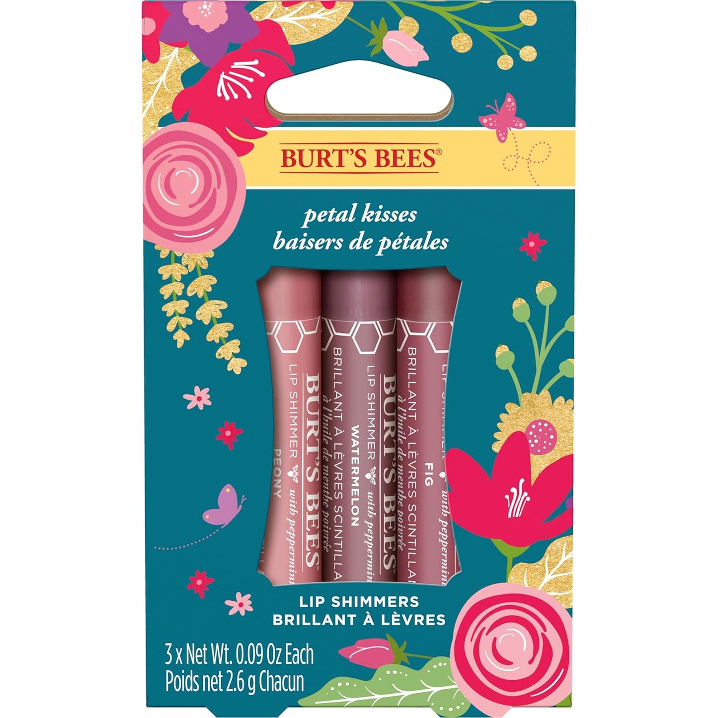 Burt's Bees Kissable Color Gift Set - Petal Kisses with 3 Lip Shimmers in Peony, Fig & Watermelon
