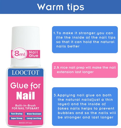 Super Strong Nail Glue for Nail Tips,Acrylic Nails and Press on Nails,Built in Brush on Nail Glue for Press on Nails,Long Lasting Nail Cement(8ml*2)