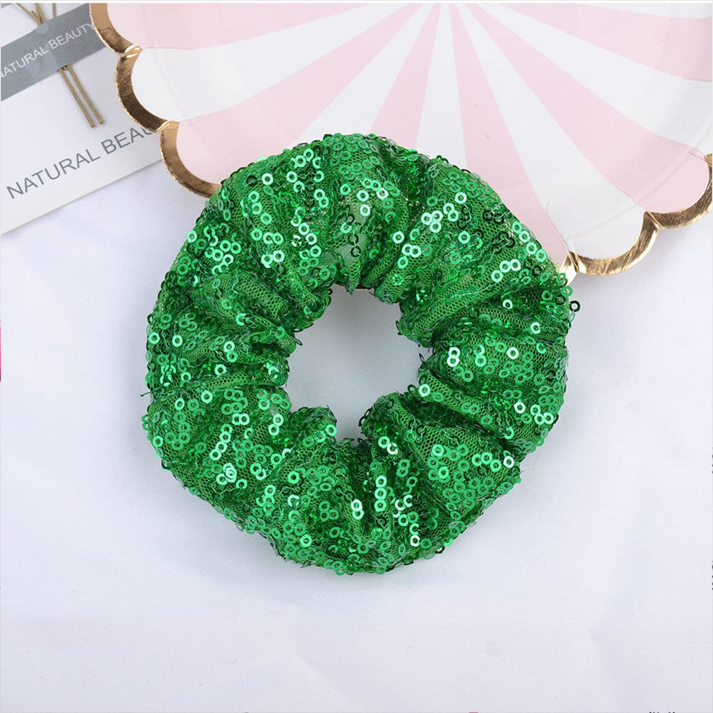 YUESE 2 Pieces Sparkly Sequins Hair Scrunchies Elastics Hair Bands Ponytail Holders Hair Wrist Ties Ropes Scrunchies for Show Gym Dance Party Club Girls Women Hair Accessories （Green-B）