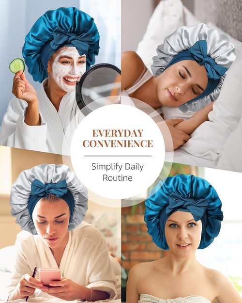 AWAYTR Silk Bonnet for Sleeping Women 100% Mulberry Silk Bonnet with Band 2 Layer Reversible Hair Bonnet Sleeping Hair Wrap (Peacock Blue/Gray)