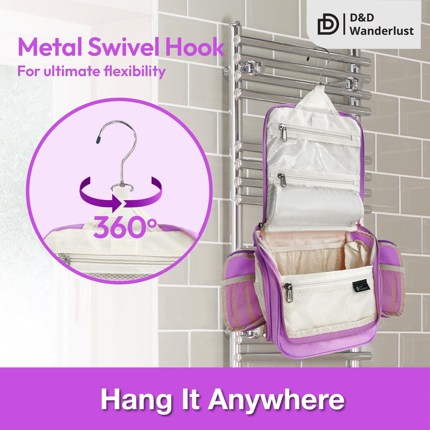 D&D Hanging Travel Toiletry Bag for Men and Women – Cosmetics, Makeup and Toiletries Organizer Kit with 10 Compartments, YKK Zippers, XXL Metal Swivel Hook, Water-Resistant Nylon