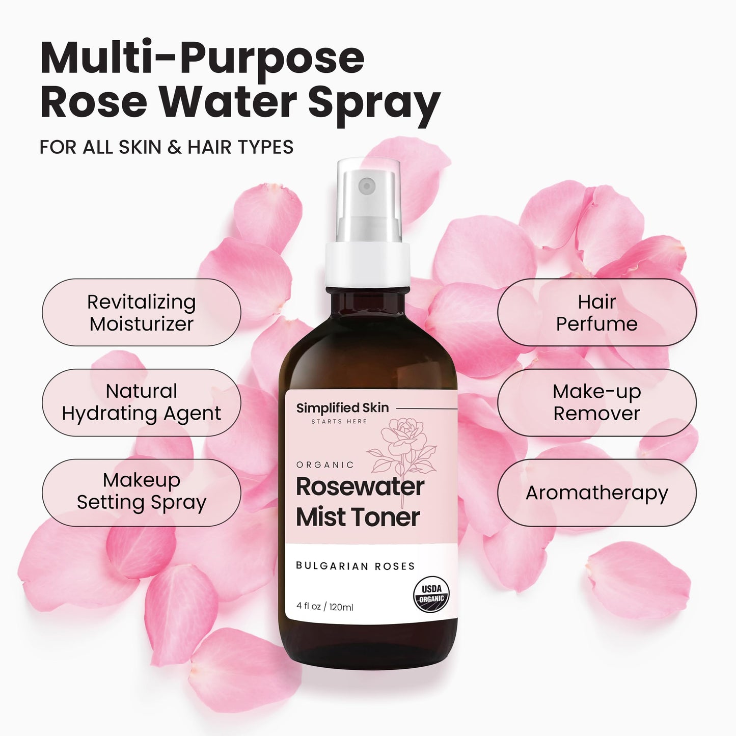 Rose Water Spray for Face & Hair - 100% Natural Organic Face Toner - Alcohol-Free Makeup Remover - Anti-Aging Self Care Beauty Mist - Hydrating Rosewater Refill - 8 Oz
