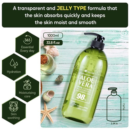 Aloe Vera Gel 98% Pure by Skiennix - Sunburn Relief & Moisturizer - 33.8oz for Face, Skin & Hair