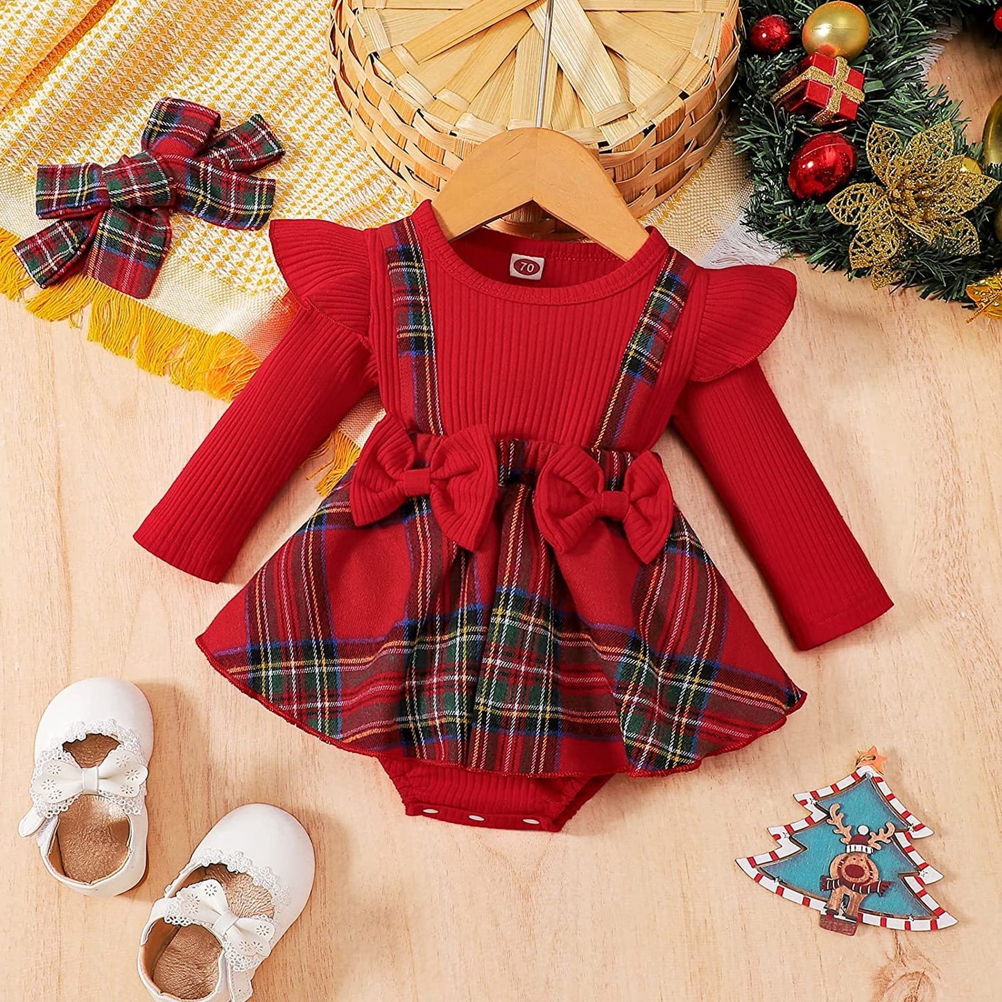 DOSYZTO Baby Girl Christmas Outfit Red Plaid Ruffle Bowknot Romper Dress with Headband Knit Bodysuit Skirt Winter Clothes (Red Plaid Suspender Romper,0-6 Months)