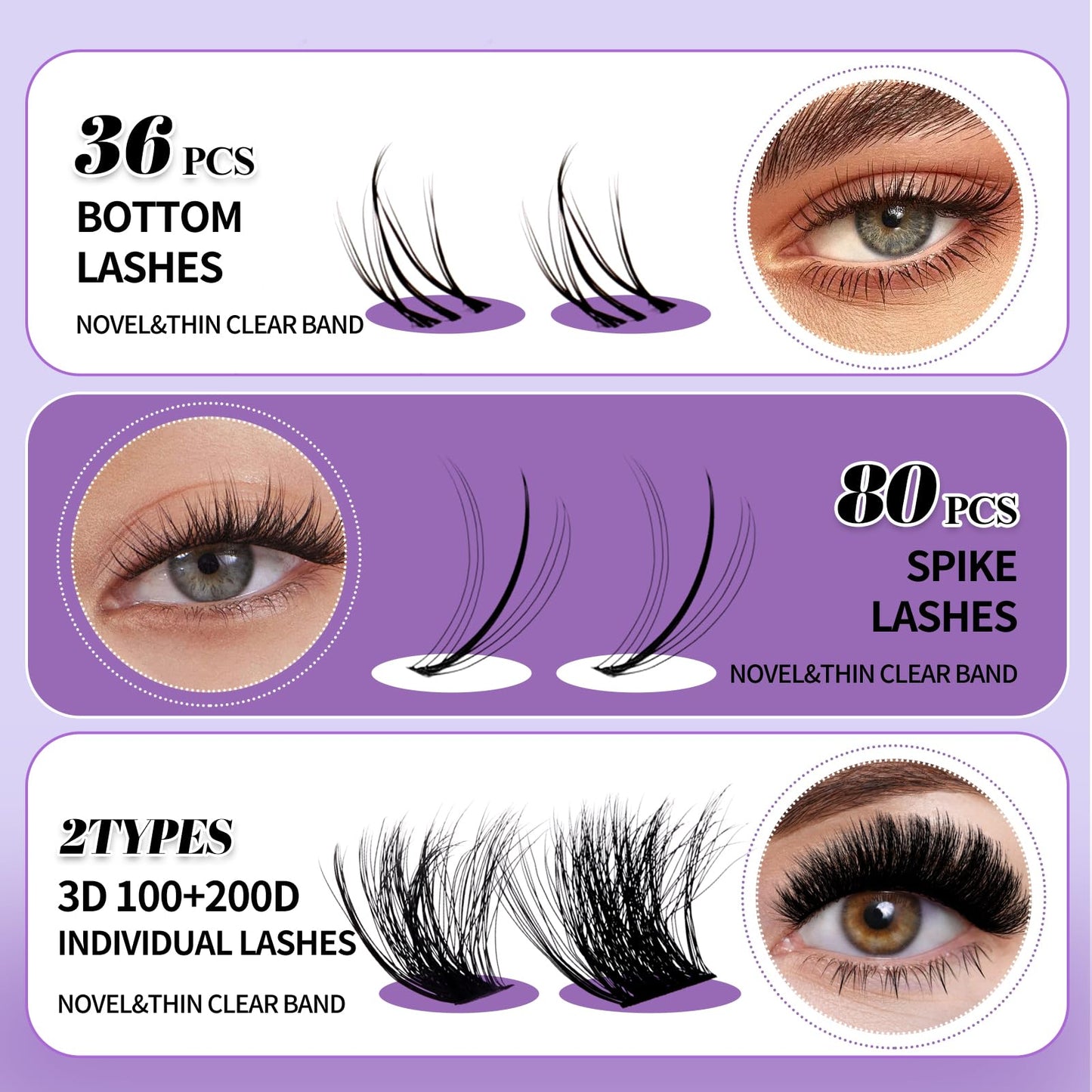 Lash Clusters With Bottom Lashes 100/200D 3D Curl 12-18mm Multi-types Individual Clusters Eyelash Extensions, Spike, Wispy Lash clusters(100/200D-3D)