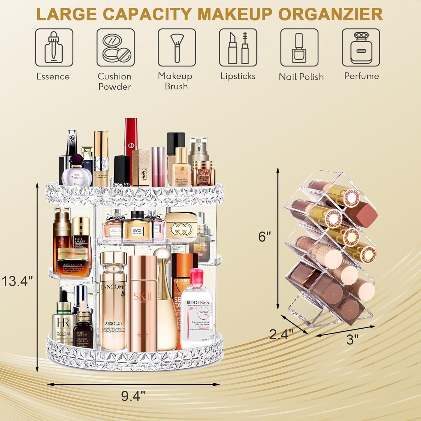 Rotating Makeup Organizer Clear Makeup Organizer with Lipstick Organizer, Large Capacity Makeup Organizer for Vanity 360 Spinning Perfume Organizer, 6-Layer Adjustable Makeup Organizers