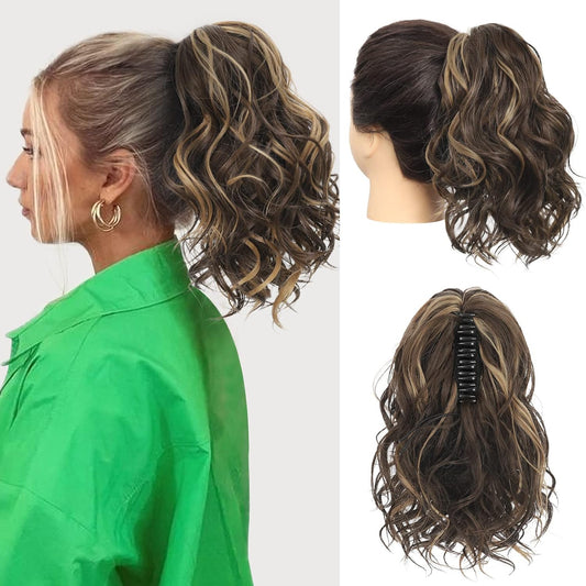 SEIKEA 10" Short Claw Highlight Ponytail Extension Wavy Curly Thick Jaw Clip in Hair Extensions Ponytail Soft Natural Looking Synthetic Hairpiece for Women Brown with Honey Blonde Highlights