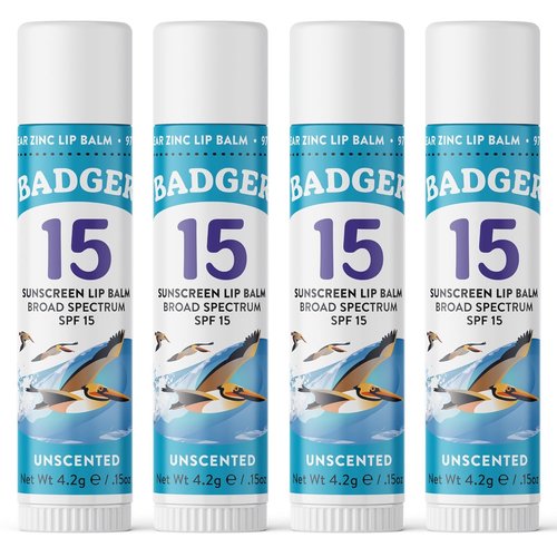Badger Mineral Sunscreen Lip Balm SPF 15 - Reef Safe, Unscented, Travel Size | 0.15 oz, 4-Pack