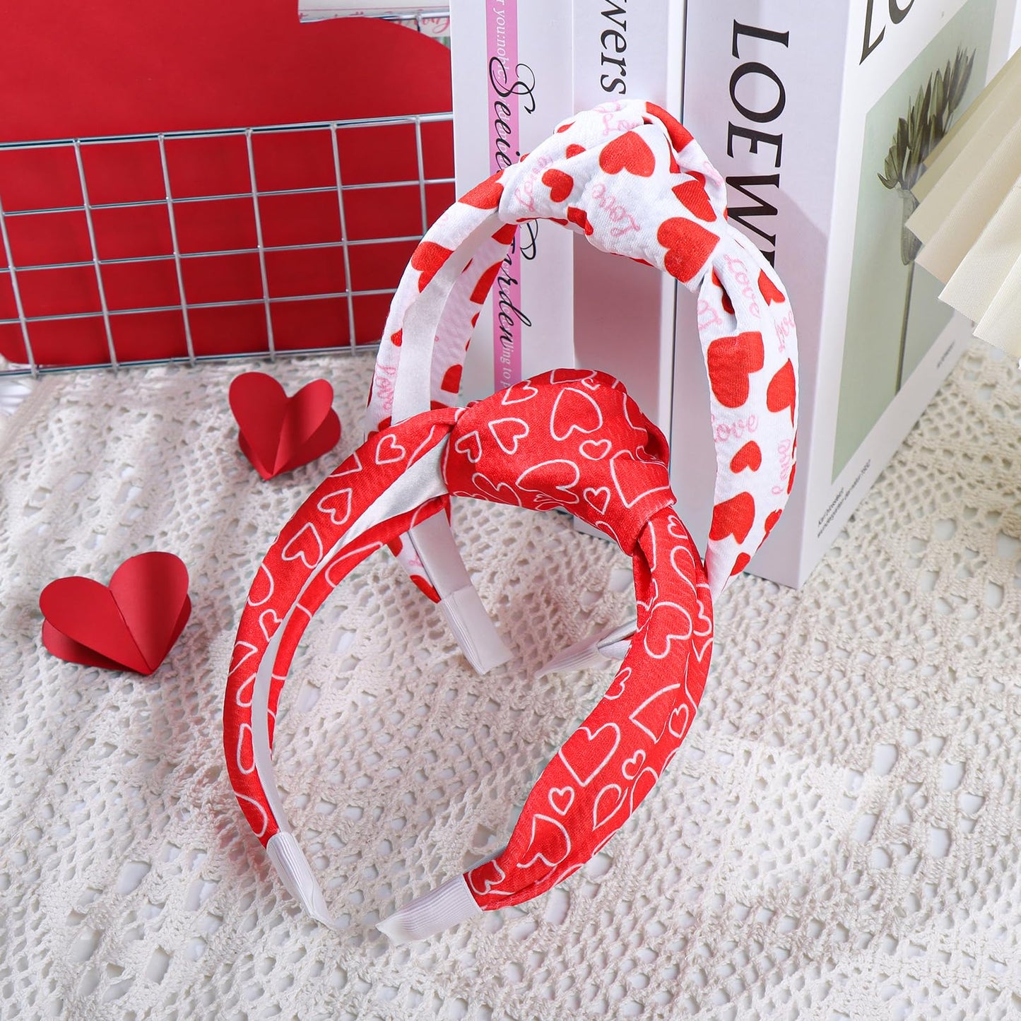 YanJie Hairband, 2pcs Valentines Headband for Women - Love Heart Knotted Headbands Wide Red Hairband Girls Valentine's Day Accessories Knotted Headwear for Girls