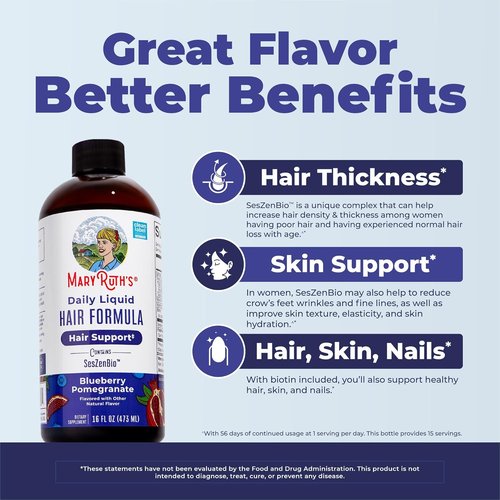 MaryRuth's Daily Liquid Hair Formula - 500 mg SesZenBio™ & 2,500 mcg Biotin for Thicker, Stronger Hair | 16 Fl Oz