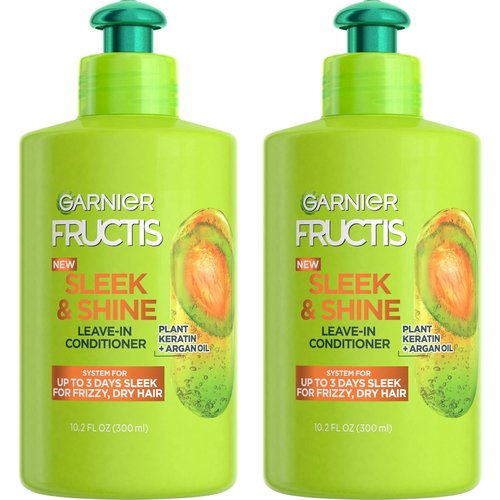 Garnier Fructis Sleek & Shine Leave-In Conditioner - Intense Smooth Hair Cream with Plant Keratin & Argan Oil | 10.2 Fl Oz (Pack of 2)