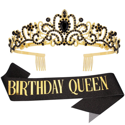 COCIDE "Birthday Queen" Sash and Crystal Tiara Set Tiara and Crowns for Women Birthday Gift for Girl Kit Decorations Set Rhinestone Hair Accessories Glitter Stain Silk Sash for Party (A Black)