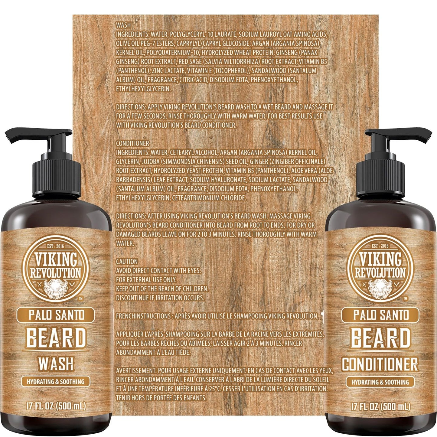 Viking Revolution Palo Santo Beard Wash and Beard Conditioner Set with Argan and Jojoba Oils - Softens and Strengthens - Natural Palo Santo Scent - Beard Shampoo with Ginseng Root Extract (17 oz)
