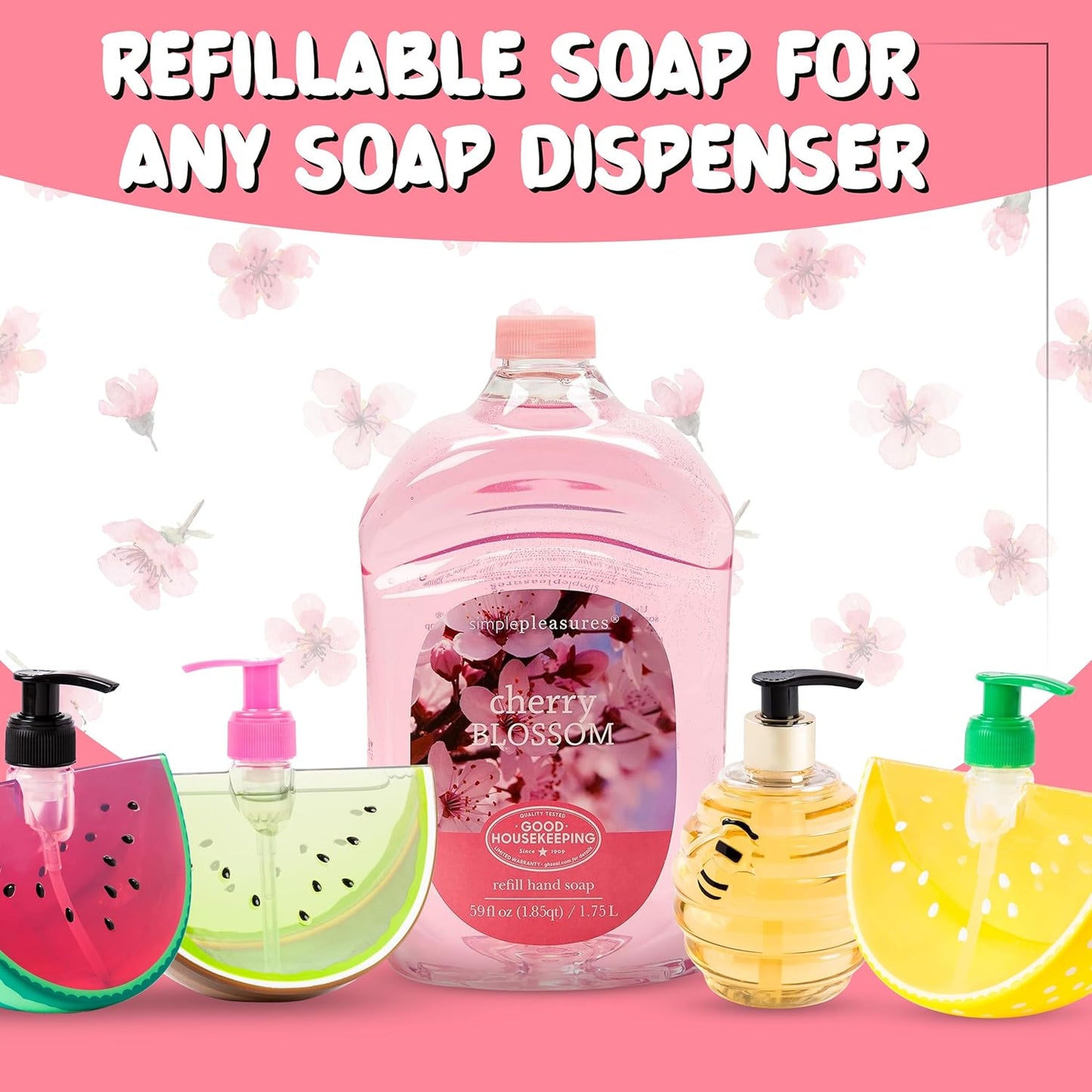 Simple Pleasures Premium Hand Soap Refills - Cherry Blossom Scent | 7.9 oz Bottle & 59 oz Jumbo Refill