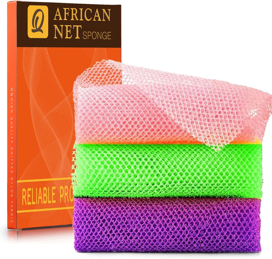 UJFQBH African Bath Sponge Set - Exfoliating Net Body Scrubber for Smooth Skin | 3 Pieces in Purple, Pink, Green