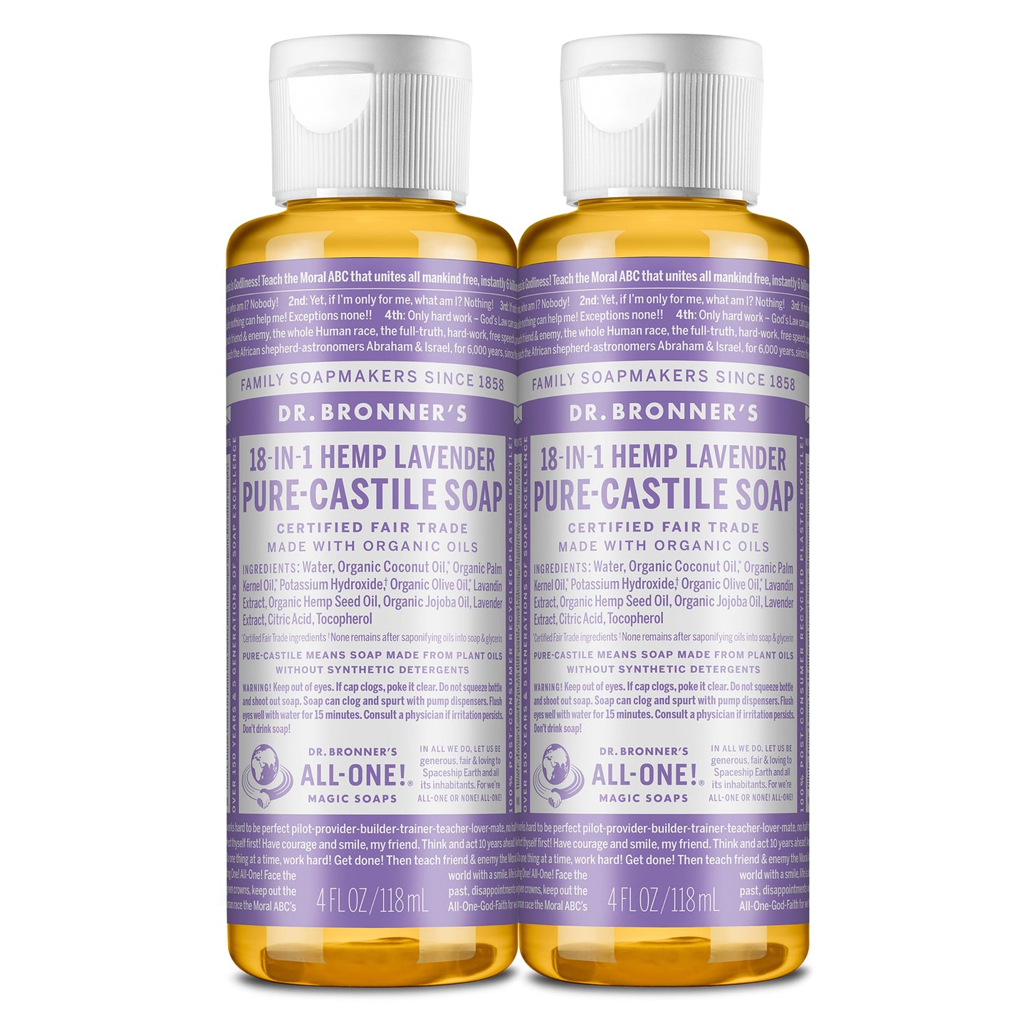 Dr. Bronner's - Pure-Castile Liquid Soap, Made with Organic Oils, 18-in-1 Uses: Face, Body, Hair, Laundry, Pets and Dishes, Concentrated, Vegan, Non-GMO (Lavender, 4 ounce, 2-Pack)