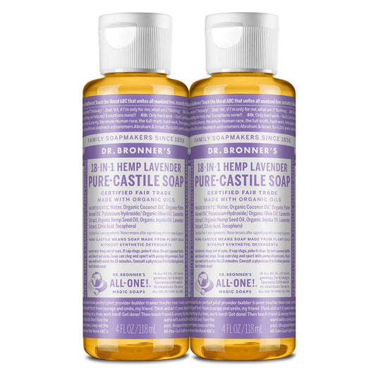 Dr. Bronner's - Pure-Castile Liquid Soap, Made with Organic Oils, 18-in-1 Uses: Face, Body, Hair, Laundry, Pets and Dishes, Concentrated, Vegan, Non-GMO (Lavender, 4 ounce, 2-Pack)