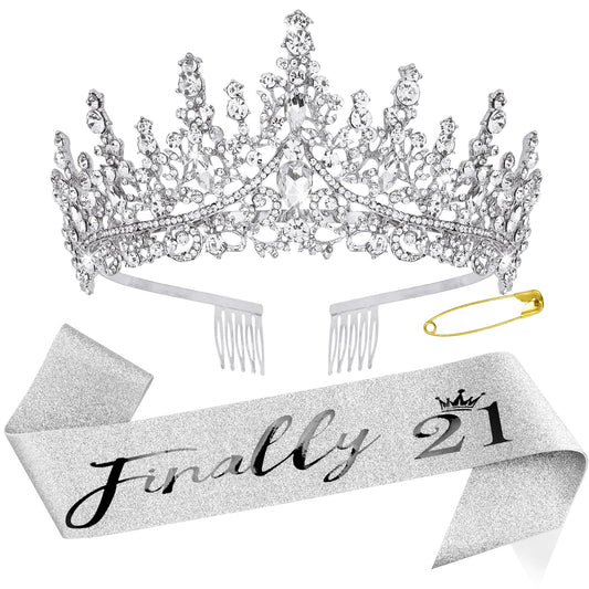 Canitor 21st Birthday Sash and Tiara Set 21st Sparkling Birthday Crown Dazzling Birthday Sash 21st Birthday Decorations 21st Birthday Gifts for Her Silver