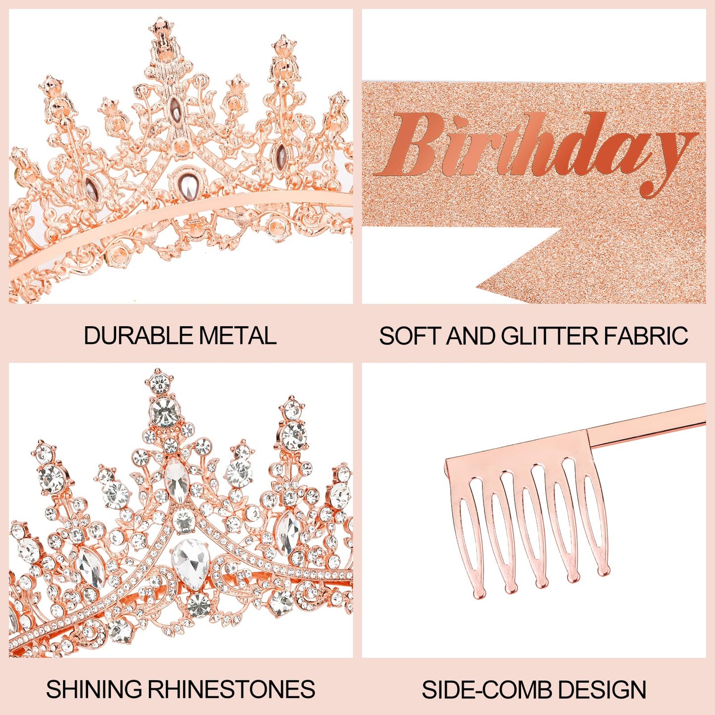 CURASA Birthday Sash and Crown Rose Gold Birthday Sash for Women Birthday Crown Adult Women Giltter Its My Birthday Sash Birthday Tiara for Women Girls Birthday Decoration Party Favors Gifts