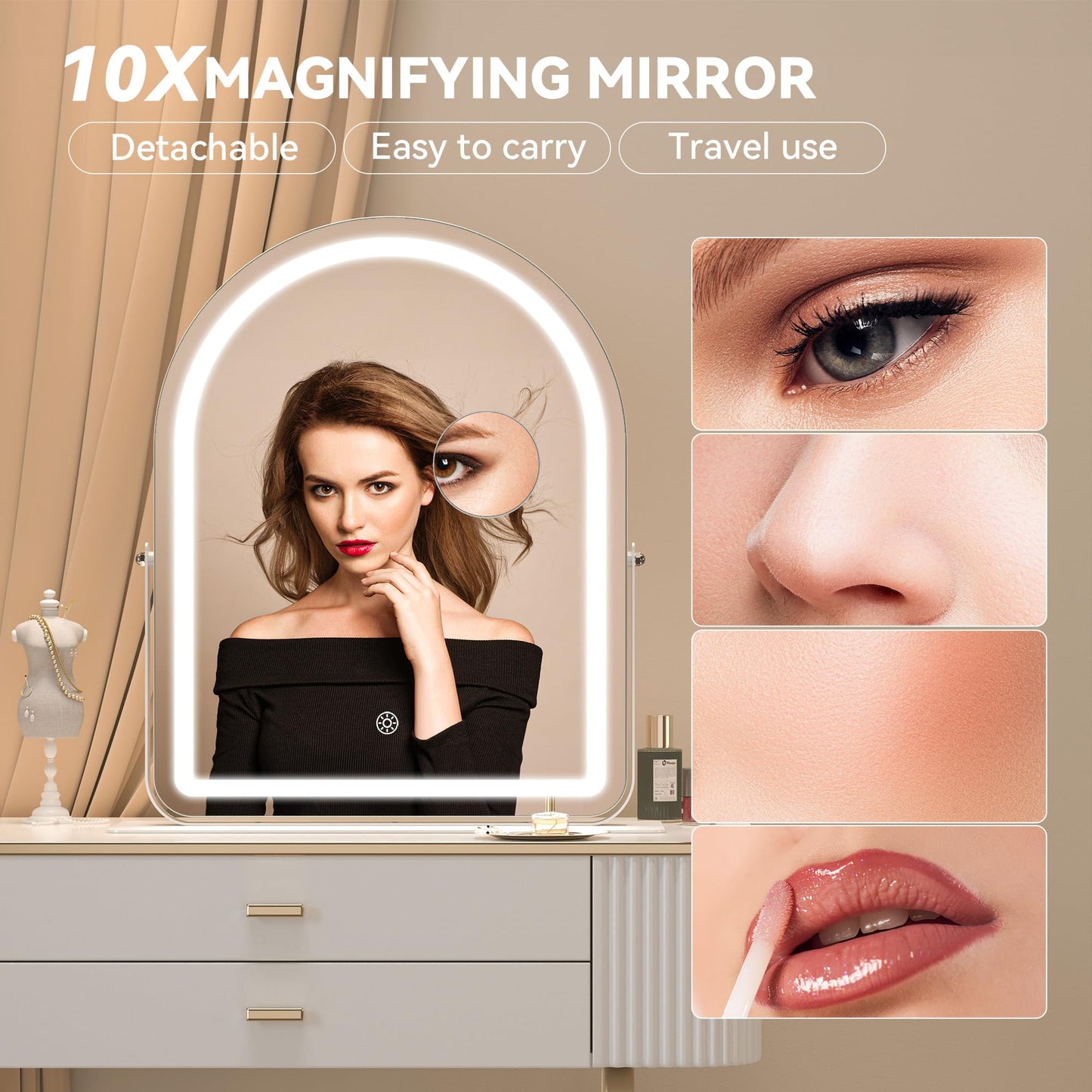 Hasipu Vanity Mirror with Lights, 12"× 13.8" Arched LED Makeup Tabletop Mirror, Lighted Makeup Mirror with Lights, Smart Touch Control Dimmable 3 Modes Light 360°Rotation White