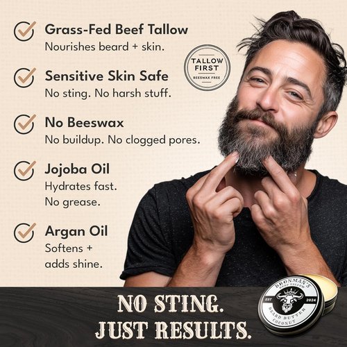 Beef Tallow Beard Butter for Men - Hydrating Coconut Balm with Shea Butter - 4oz Deep Moisturizing Formula