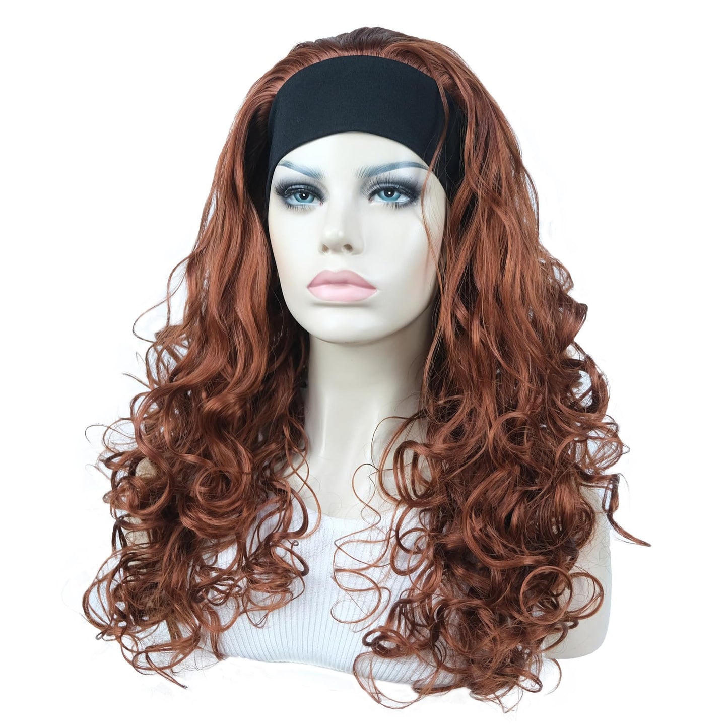 Aimole Long 22" Curly 3/4 Women Wigs With Headband Soft Layered Wig Heat Resisting Fiber Synthetic Hair (130 Copper Red)