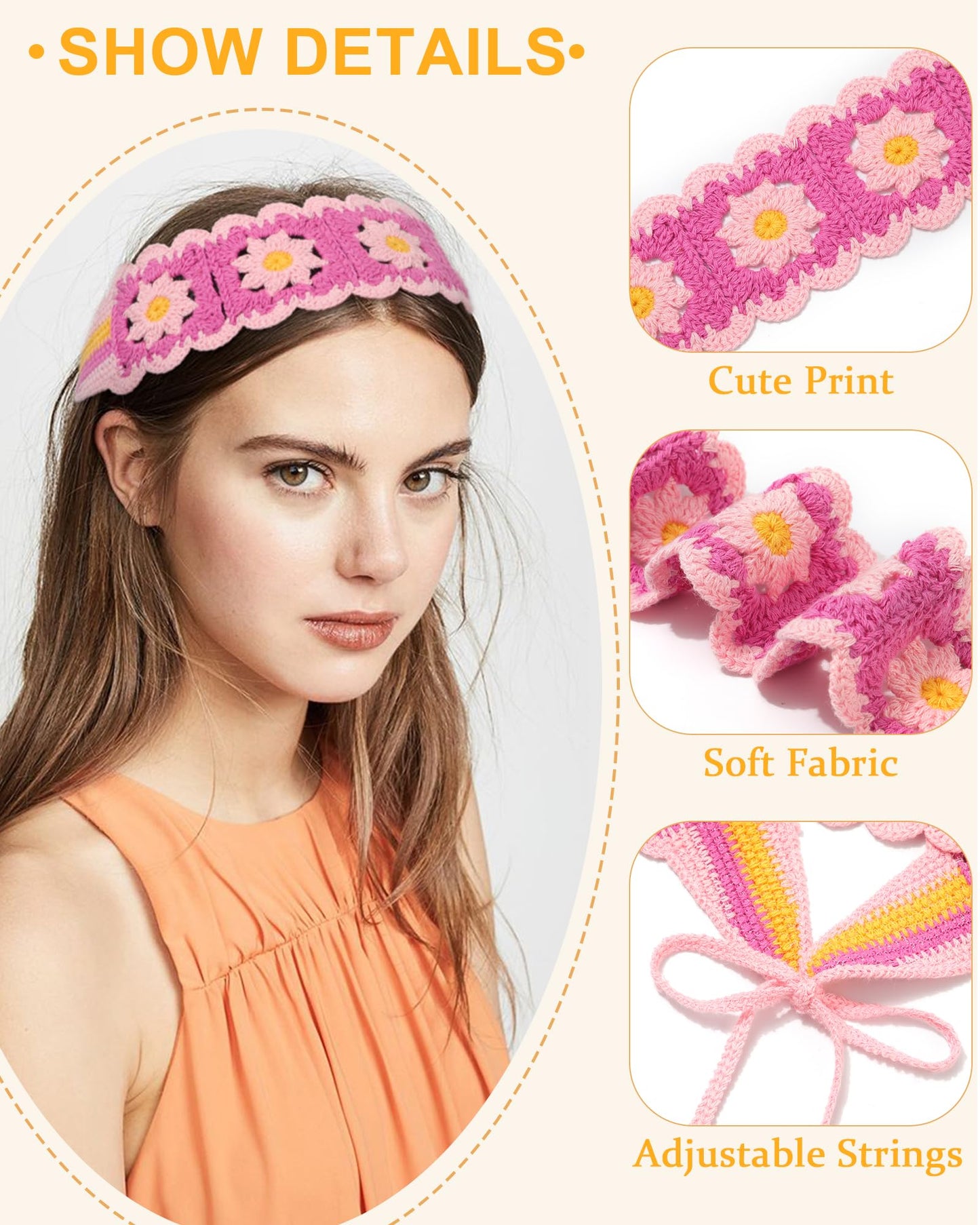 HAIMEIKANG Hippie Hair Bandanas Headbands for Women Boho Headband Knit Hair Bands Floral Head Wrap for Girls(Red+Blue+Pink)