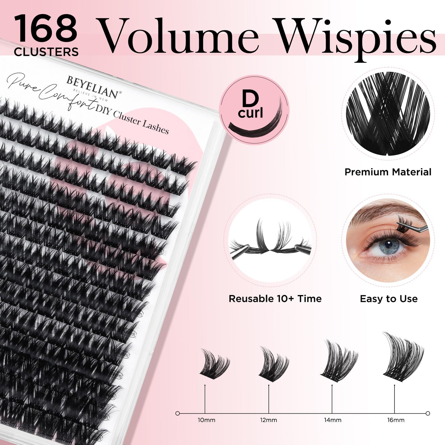 BEYELIAN Eyelash Clusters D Curl, Volume Wispy Cluster Eyelash Extensions, 168 Pcs Cluster Lashes Super Thin Band, Individual Comfortable Reusable Eyelash Clusters 10-16mm (D163)