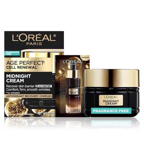 L'Oreal Paris Age Perfect Anti-Aging Face Cream - Fragrance-Free Moisturizer with Antioxidants, 1.7oz + Serum Sample