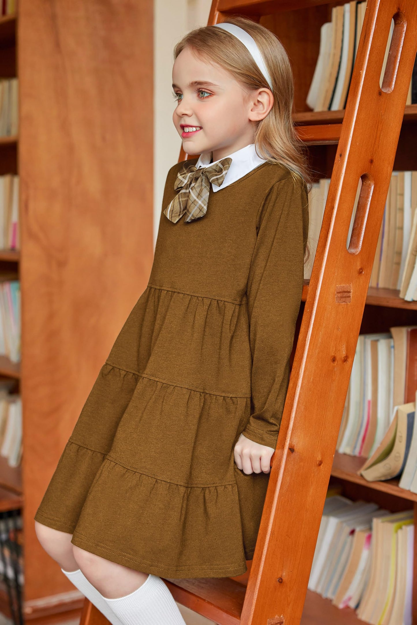 Arshiner Girls Long Sleeve Dress Fall Cotton Crewneck Tiered Ruffle Swing Solid Casual Midi Dresses Brown 6 Years