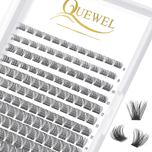 QUEWEL Cluster Lashes 144 Pcs Wide Stem Individual Lashes C/D Curl 8-16mm Length DIY Eyelash Extension False Eyelashes Natural&Mega Styles Soft for Personal Makeup Use at Home (Natural-D-MIX-144 Pcs)