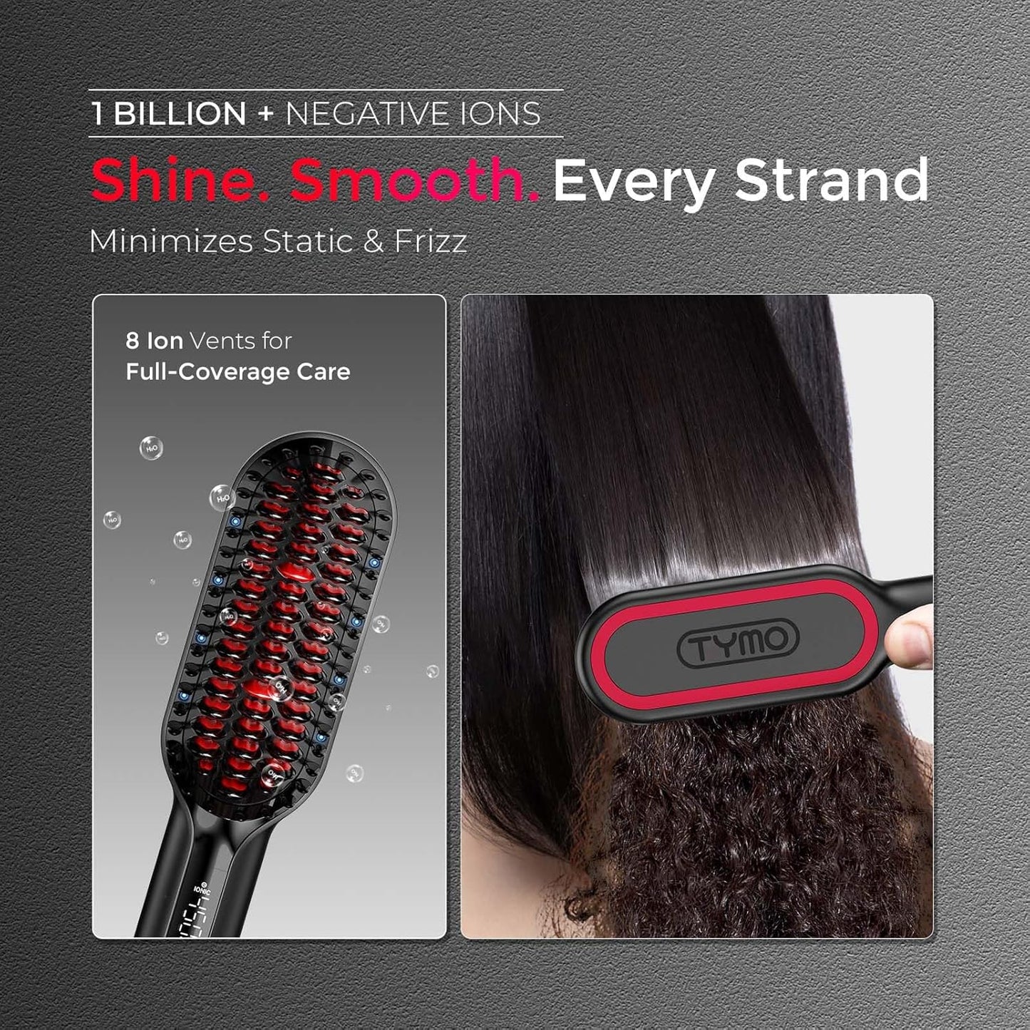 TYMO Hair Straightener Brush - Ionic Compact Styling Brush for Fast, Smooth Results | Lightweight, Black