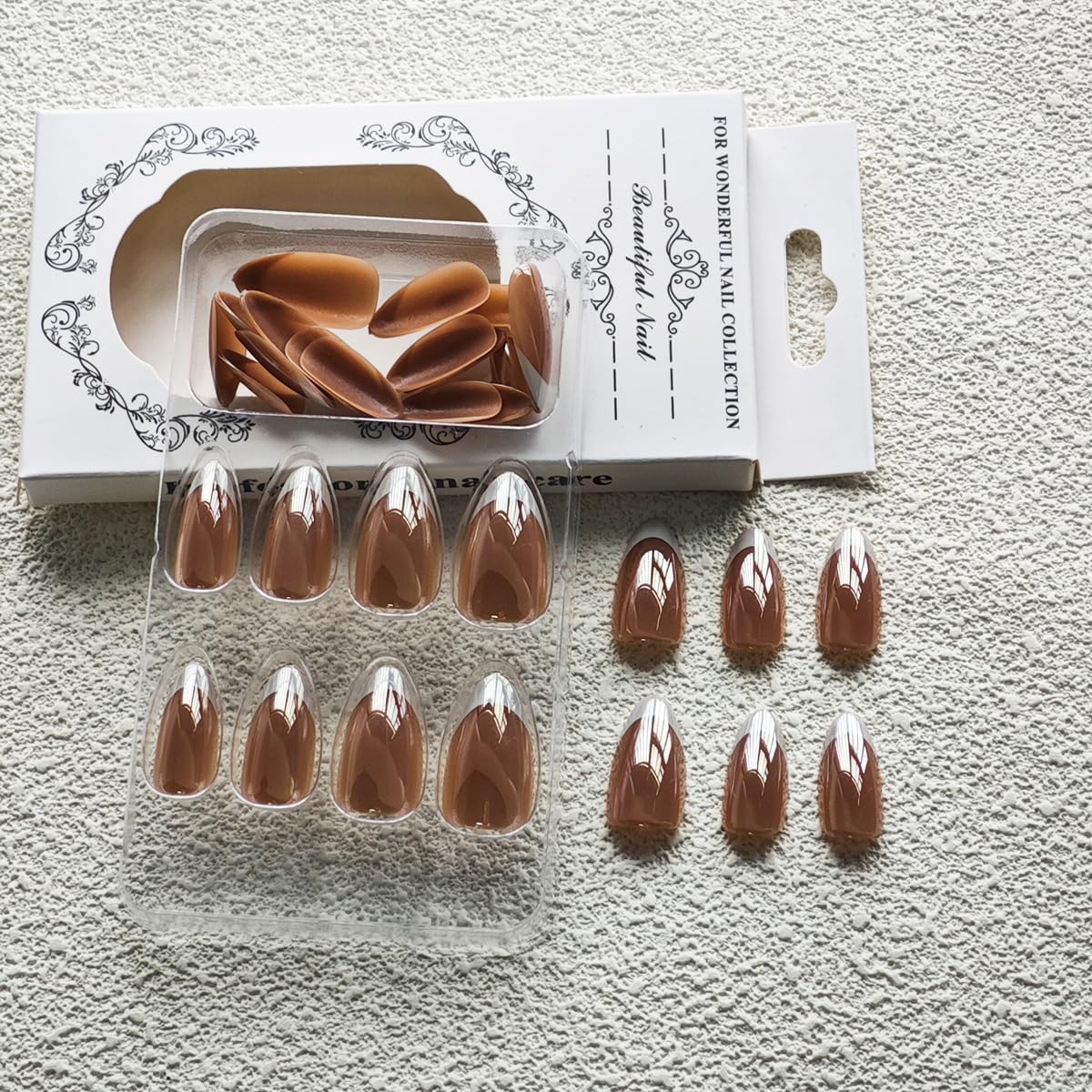 Chrome Press on Nails Medium Almond Fake Nails White French Tip Fake Nails Nude Glue on Nails Glossy False Nails Reusable Artificial Acrylic Nail Full Cover Stick on Nails for Women Manicure 24Pcs