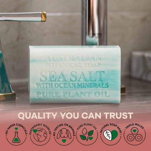 Australian Botanical Soap, 6.6 OZ, Sea Salt and Ocean Minerals, Triple Milled Bars made with a Natural Soap Base and Enriched with Organic Shea Butter, Pack of 8
