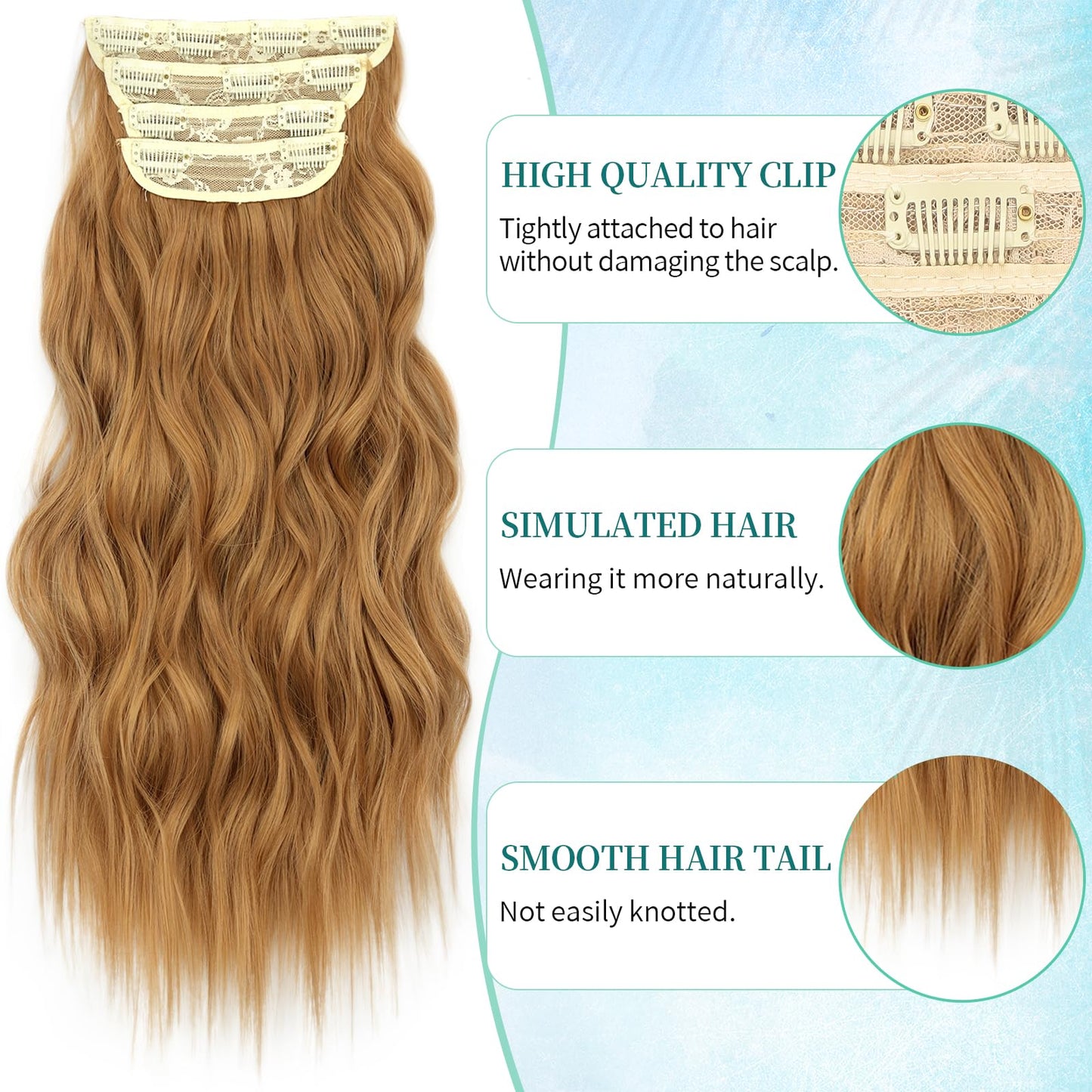 KooKaStyle Clip in Synthetic Hair Extensions Long Wavy 4PCS Thick Hairpieces Auburn Brown Fiber Double Weft Natural Hair Extensions 20 Inch for Women