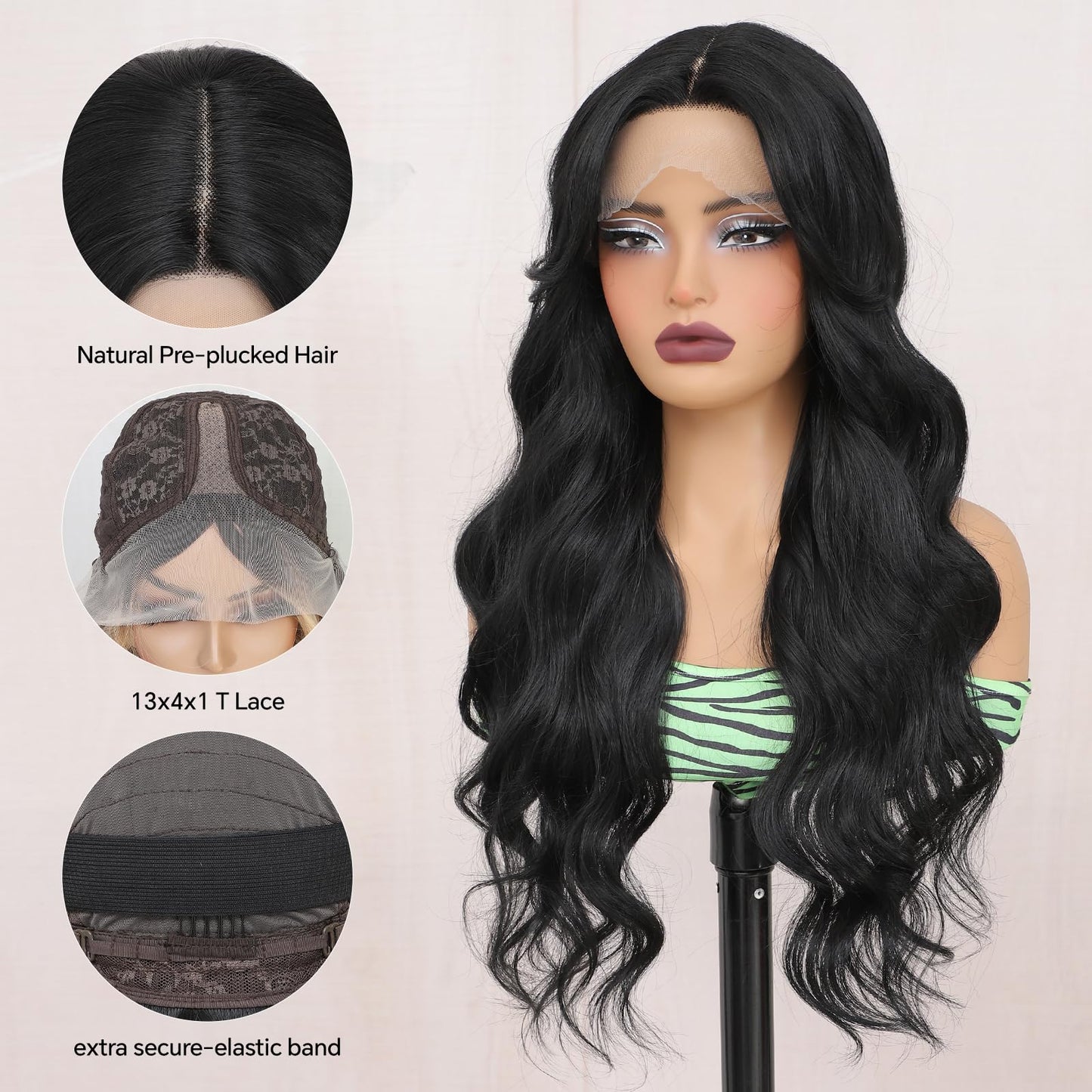 Svolna Lace Front Wig with Bangs Long Wavy Lace Wigs for Women Natural Black Synthetic Middle Part Layered Wavy Front Lace Wigs Fringe 26 Inch (Black)