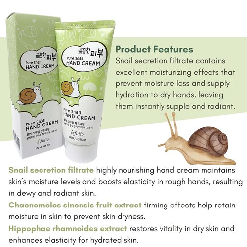 Esfolio Pure Skin Snail Hand Cream - Deep Moisturizing & Restoring Lotion with Snail Mucin | Non-Greasy, Fast Absorbing (3.38 OZ/100ML)