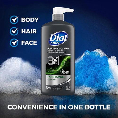 Dial Men 3-in-1 Body, Hair & Face Wash - Recharge Formula | 69 Fl Oz (3 x 23 Fl Oz Bottles)