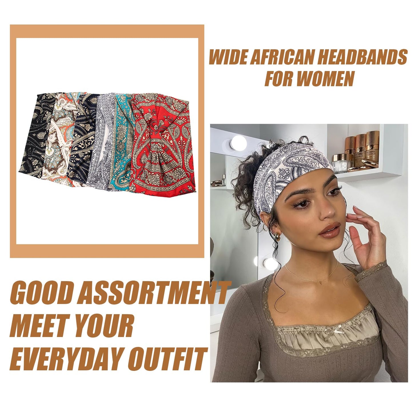 Yeshan Women's Wide Boho Knotted Non-Slip Turban Headwraps - Stretchy Bandeau Hair Bands for Sports, Yoga, Workouts, Pack of 8