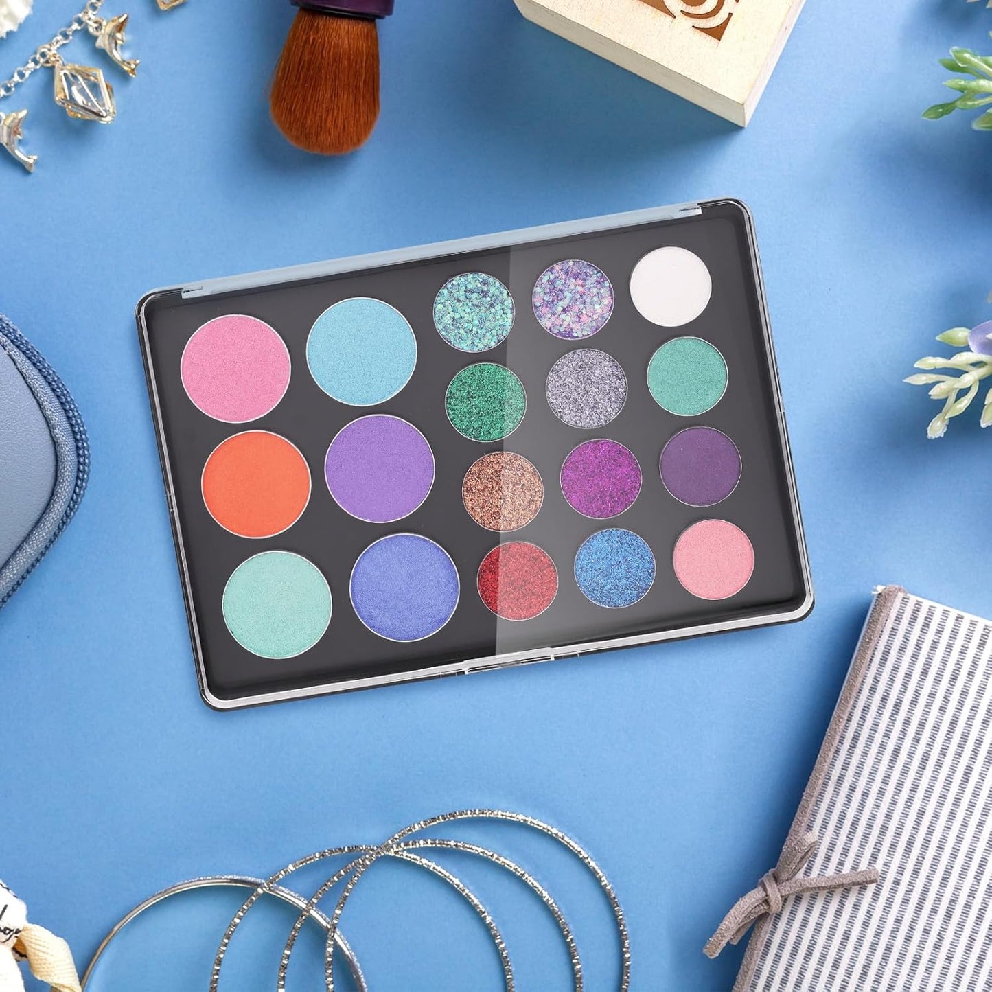Skiennix Magnetic Makeup Palette - Empty Clear Top for DIY Cosmetics | 3-Pack with 60 Adhesive Stickers - 7.87” x 5.51”