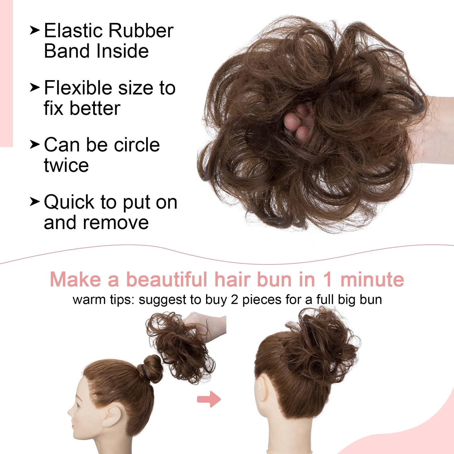 SEGO Human Hair Messy Bun Hair Piece Scrunchies Real Human Hair Wavy Curly Tousled Updo Hairpieces Donut Chignon Ponytail Extensions for Women Girls/Medium Brown