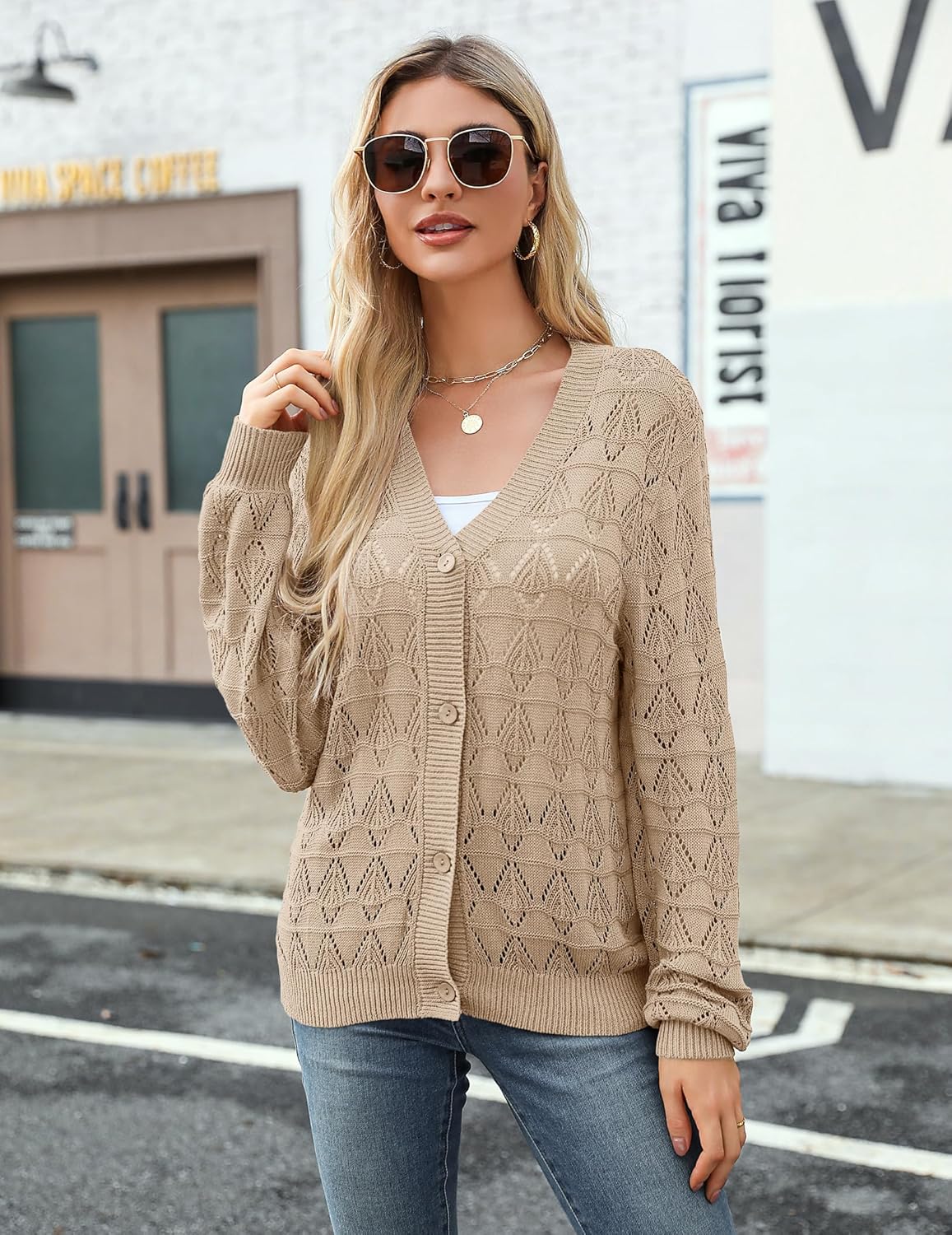 Zeagoo Women's Lightweight Crochet Cardigan - V Neck Long Sleeve Button-Up Bolero Sweater