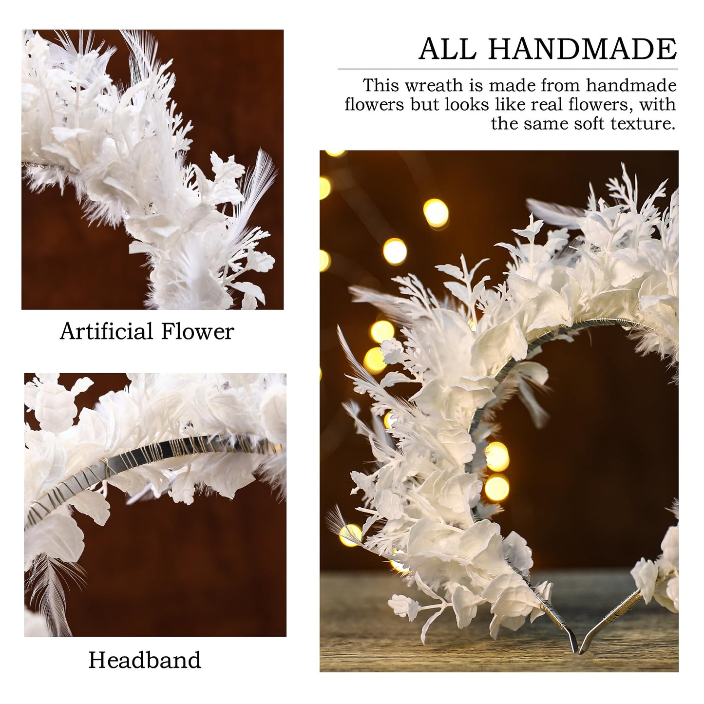 MOSTORY Handmade White Feather Crown - Flower Halo Headband Bohemian Hairband with Leaves Fairy Headpiece for Women Girls Wedding Party Mardi Gras Carnival Fae Ball Photo Shoot