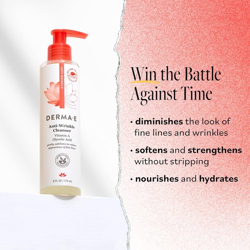 Derma E Anti-Wrinkle Cleanser - Gentle Exfoliating Face Wash with Glycolic Acid & Vitamin A | 6 oz