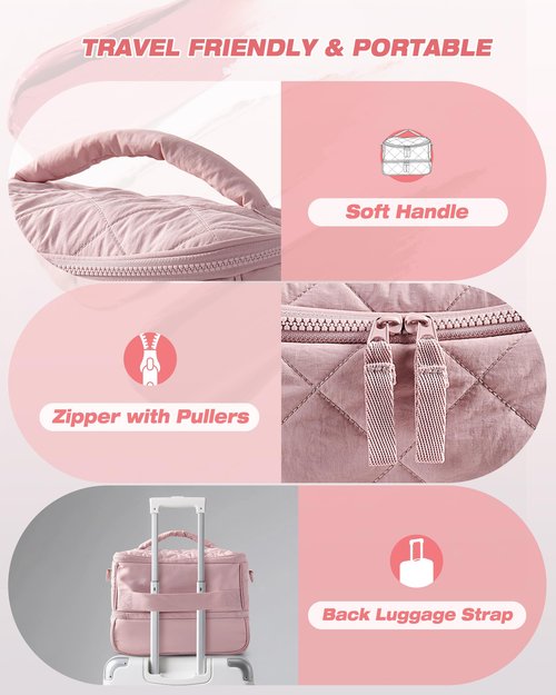 Marscamd Quilted Nail Polish Organizer Bag Holds 42 Bottles and Nail Lamp, Nail Polish Storage Case with Crossbody Straps and Multiple Pockets, Pink