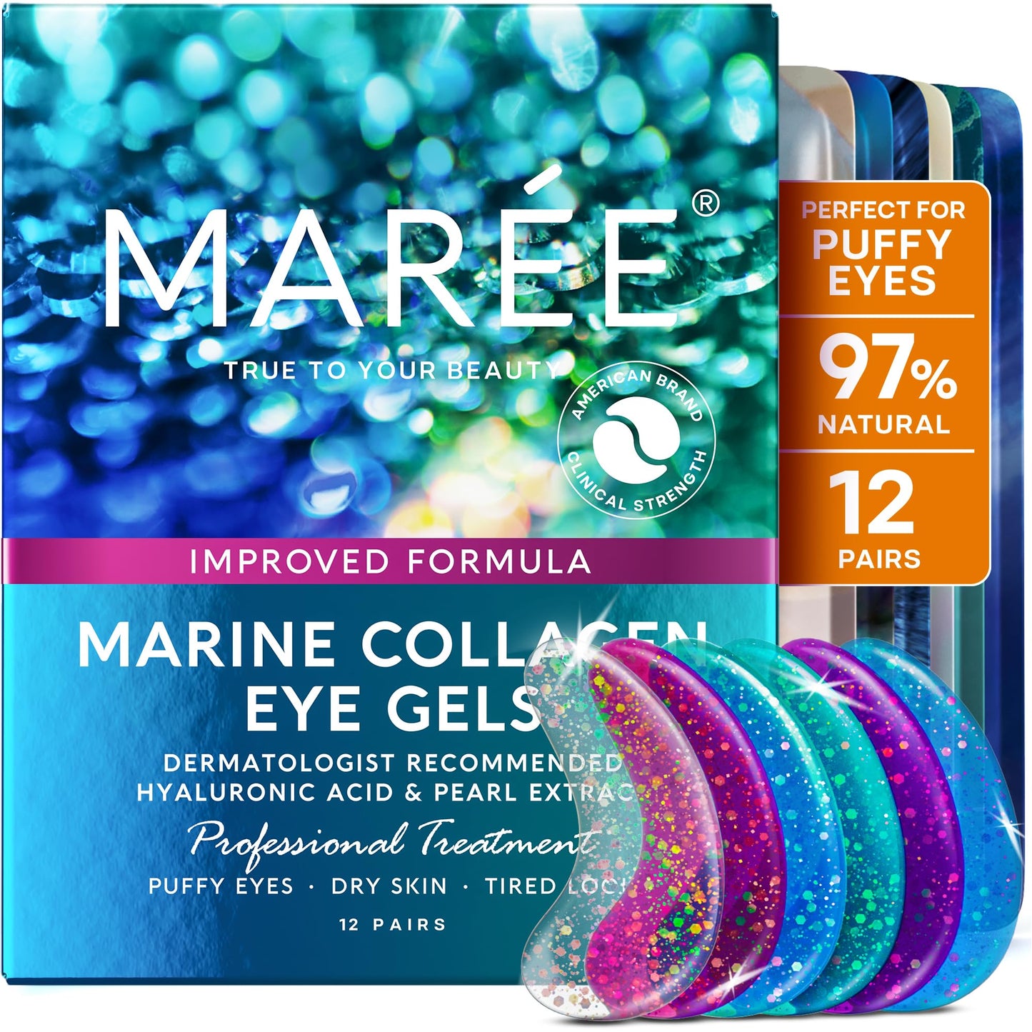 MAREE Eye Gels - Under Eye Patches for Puffy Eyes and Dark Circles with Natural Marine Collagen & Hyaluronic Acid - Anti-Aging Masks for Face to Soothe Puffiness - Undereye Mask Patches