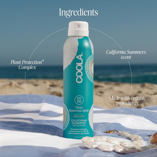 COOLA Organic Clear Sunblock Spray SPF 50 - Vegan, Gluten-Free Daily Skin Protection | California Summers Fragrance