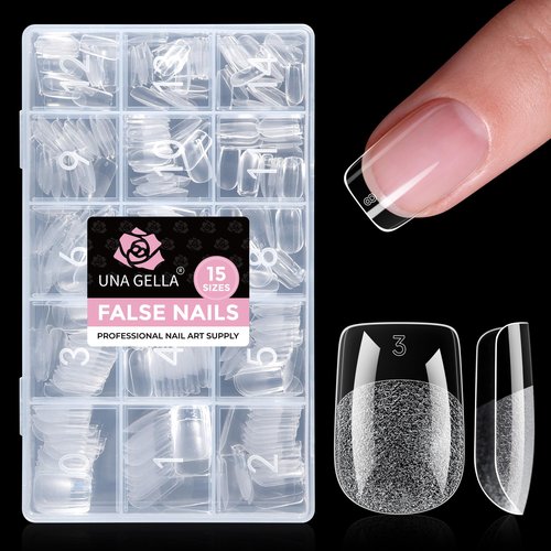 UNA GELLA Gel Nail Tips Square Short, 15 Sizes Short Square Press on Nails Pre Etched 300pcs Soft Gel Fake Nails Full Cover For Nail Extension Home DIY Salon for Flat & Curved Nail Beds
